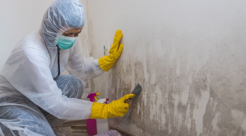 person in protective gear tearing mold on walls